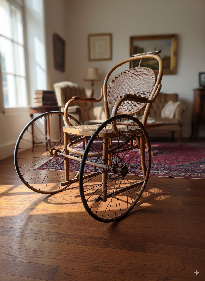 Rare fauteuil roulant du XIXe, objet d’antiquité signé Eug. Vincent Paris.