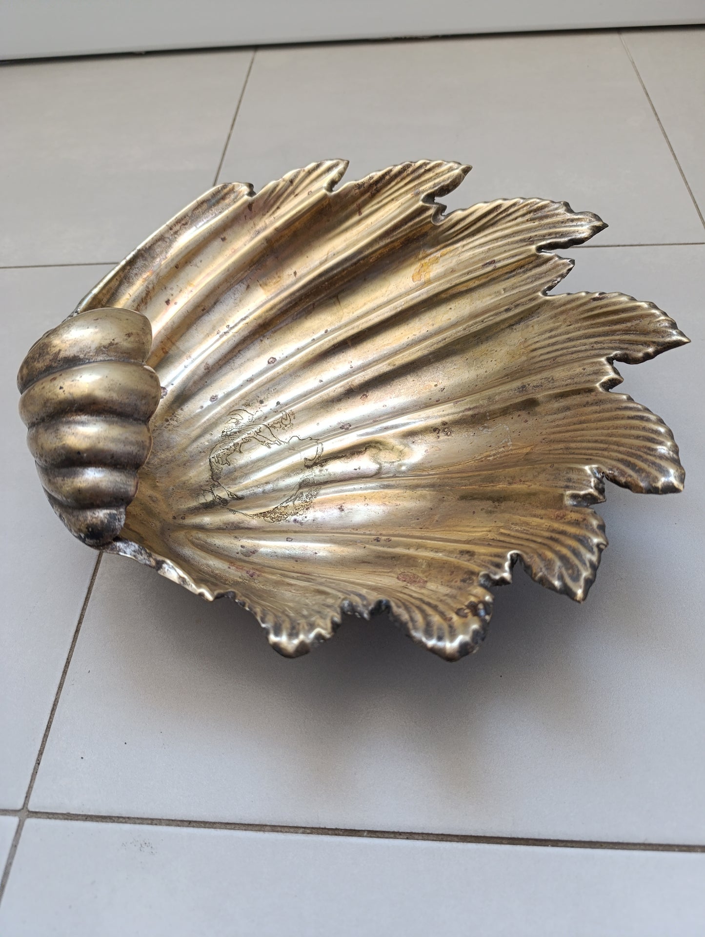 🐚 Coupe coquillage ancienne en métal argenté doré - Style baroque