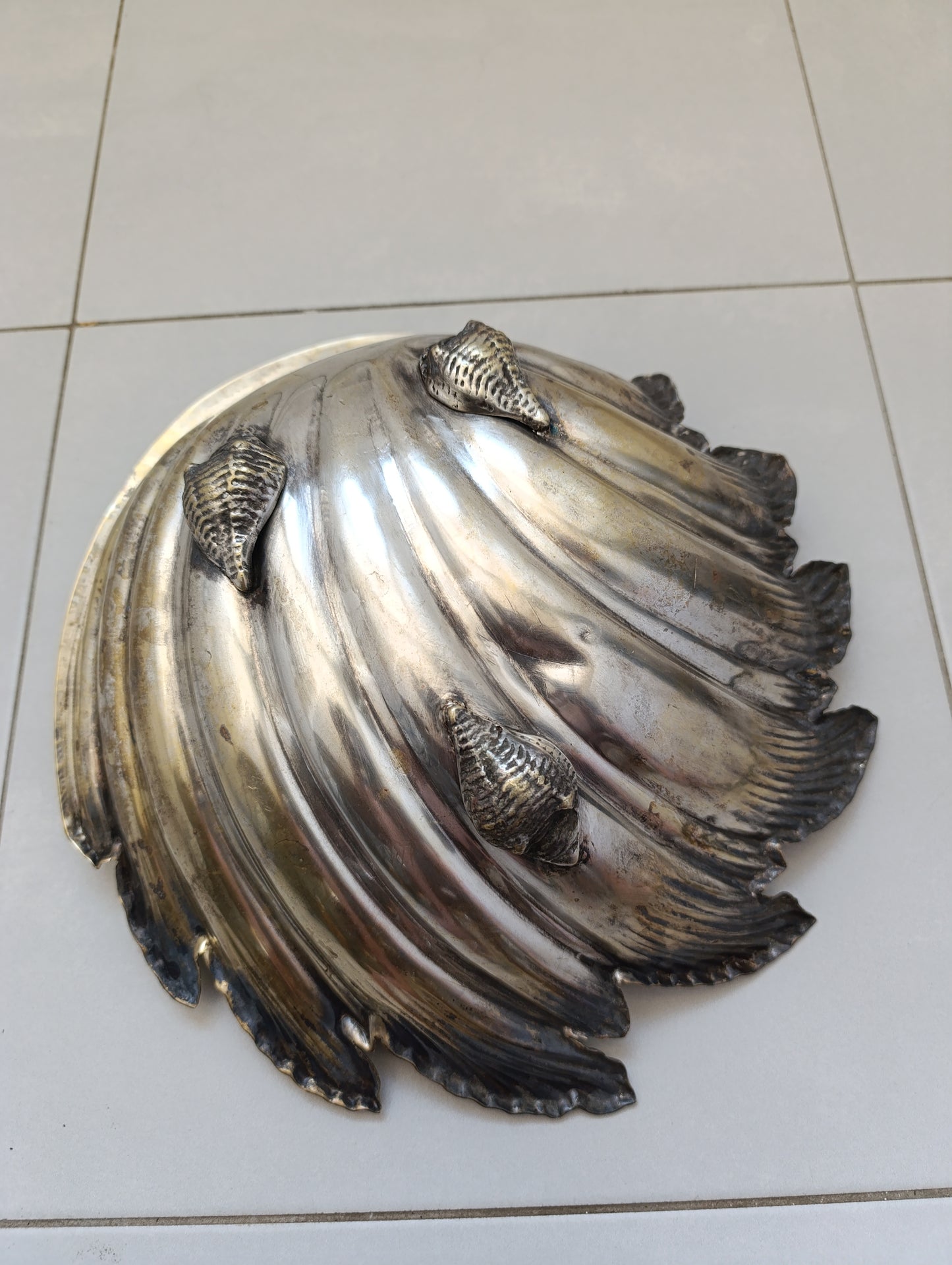 🐚 Coupe coquillage ancienne en métal argenté doré - Style baroque