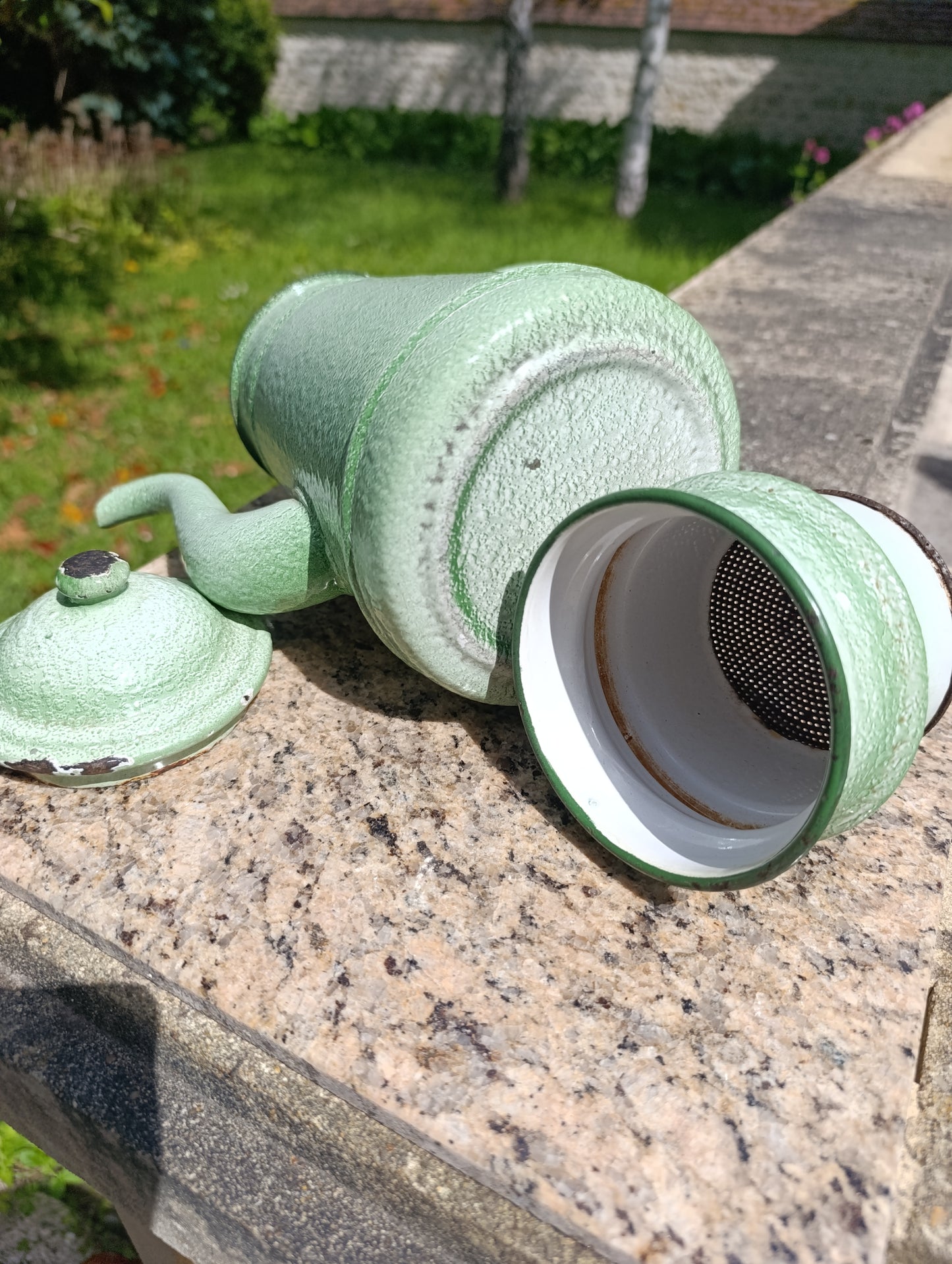 Cafetière ancienne émaillée vert pastel vintage déco cuisine campagne collection