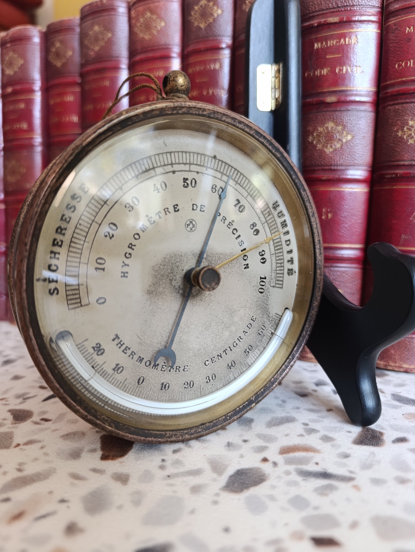 Hygromètre Thermomètre ancien de précision vintage en métal – Instrument météo de collection