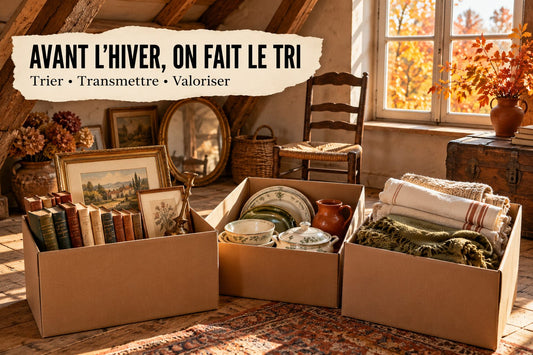 Cartons de livres, de vaisselle ancienne et de linge triés avant un débarras