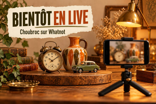 Installation de vente en direct avec téléphone et objets de brocante Choubroc