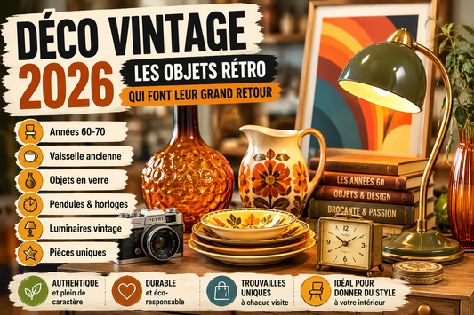 Déco vintage 2026 avec objets rétro, vaisselle ancienne, horloge, luminaire et décoration années 60-70