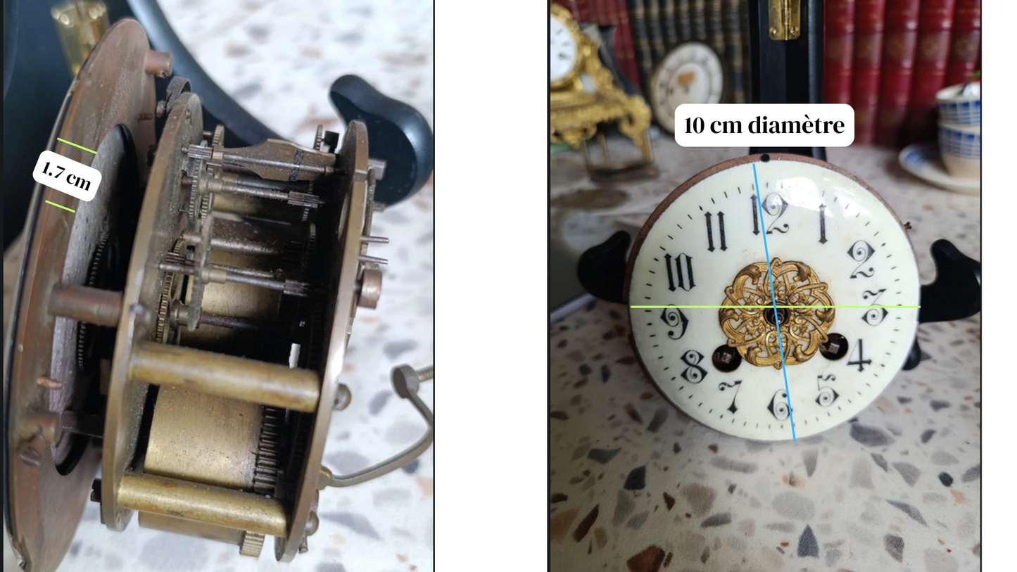 Cadran émaillé ancien de pendule avec mouvement mécanique