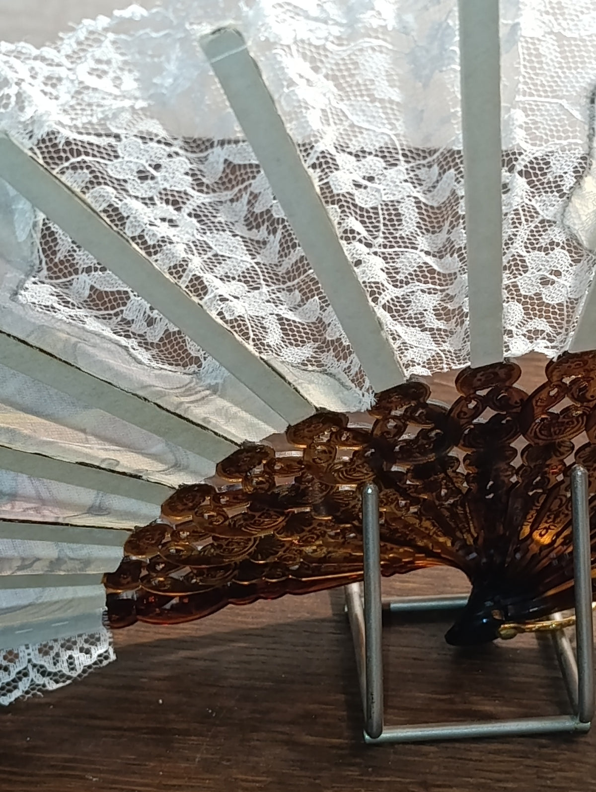 Détail de l’éventail : tissu illustré, dentelle blanche et monture ajourée