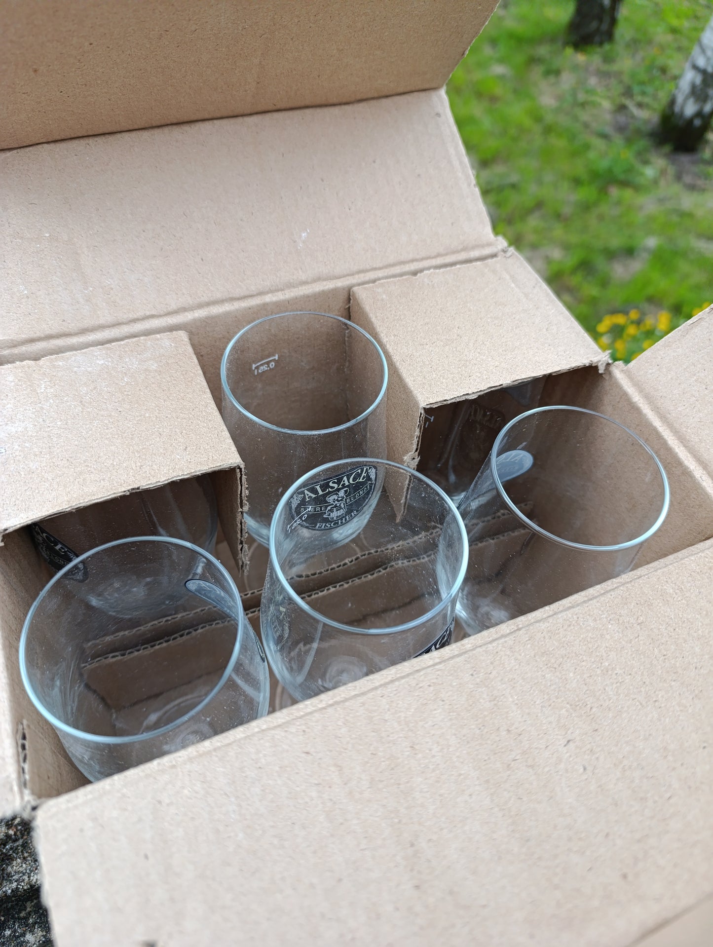 Lot de 6 verres à bière ALSACE Fischer – verres publicitaires anciens en carton d’origine