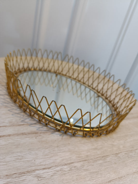 Plateau miroir vintage ovale doré – laiton ajouré