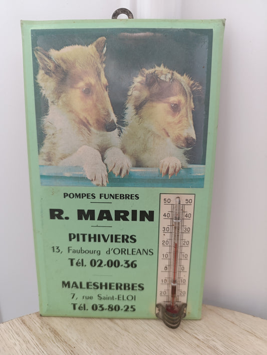 Thermomètre publicitaire ancien – Pompes Funèbres R. MARIN – Pithiviers / Malesherbes