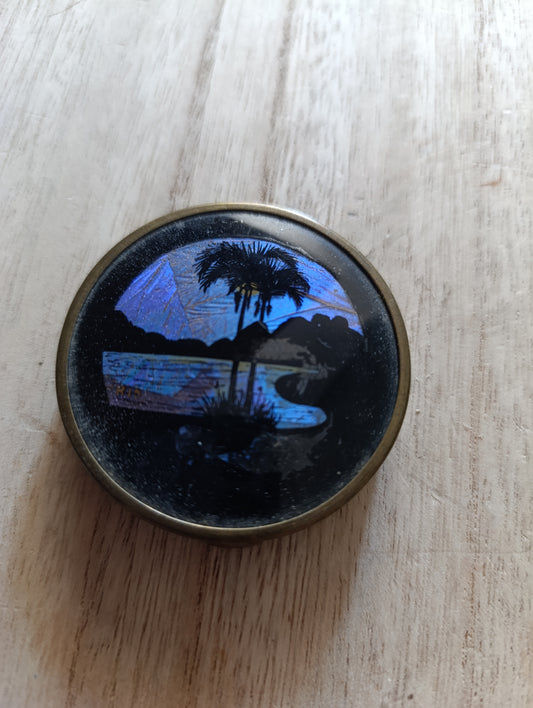 Boîte à poudre ancienne – décor paysage nacré – 5 cm