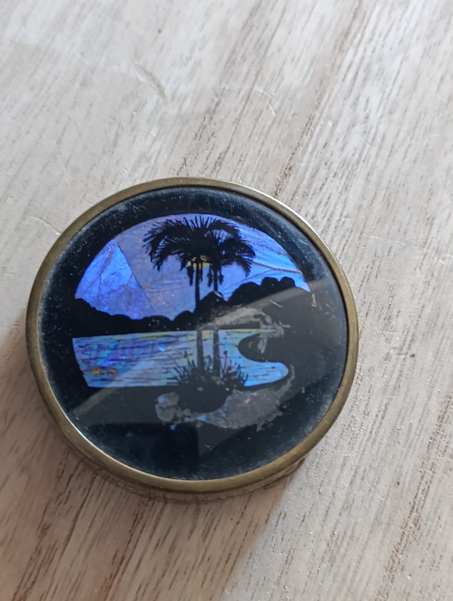 Boîte à poudre ancienne – décor paysage nacré – 5 cm