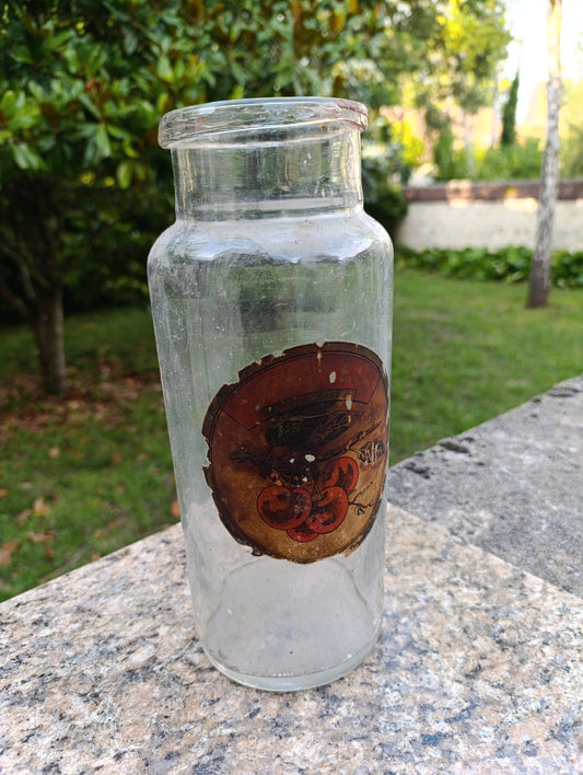 Bocal ancien en verre soufflé avec étiquette fruits rouges