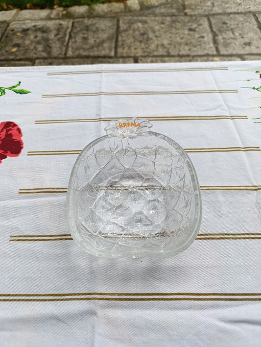 Coupe publicitaire vintage en verre épais, forme d’ananas avec inscription KREMA en relief et lettres orange.
