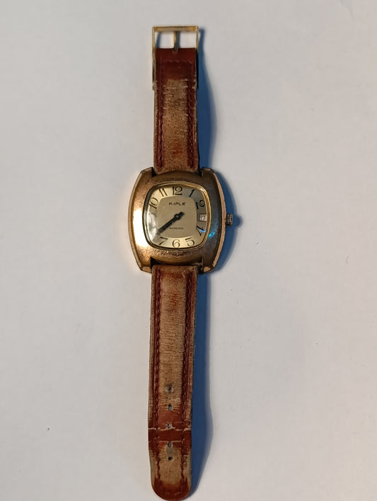 Montre vintage Kiple Antichoc boîtier doré carrée avec date bracelet cuir ancien