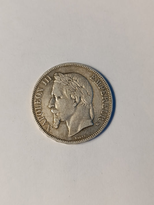 5 francs argent 1867 – Napoléon III tête laurée – Empire français BB