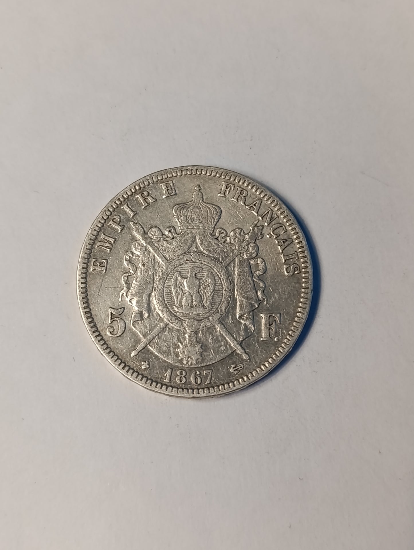 5 francs argent 1867 – Napoléon III tête laurée – Empire français BB