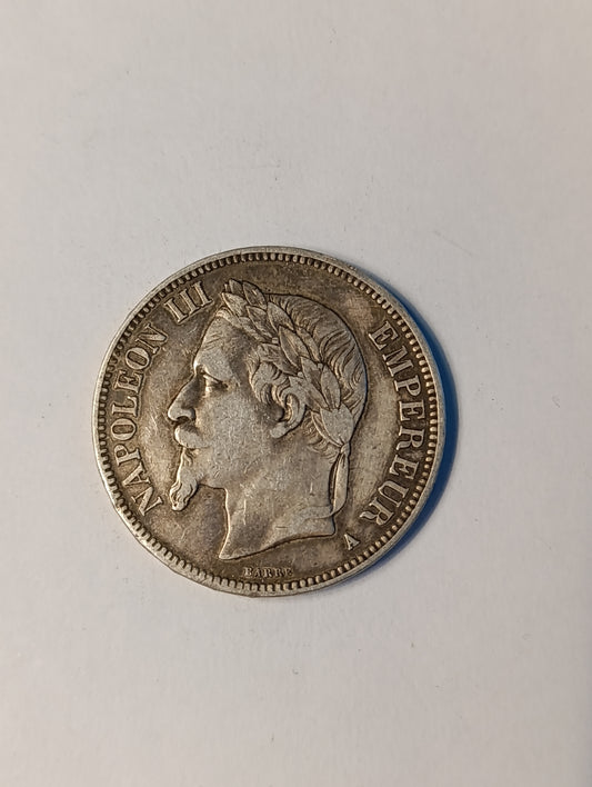 5 francs argent 1868 A – Napoléon III tête laurée – Empire français