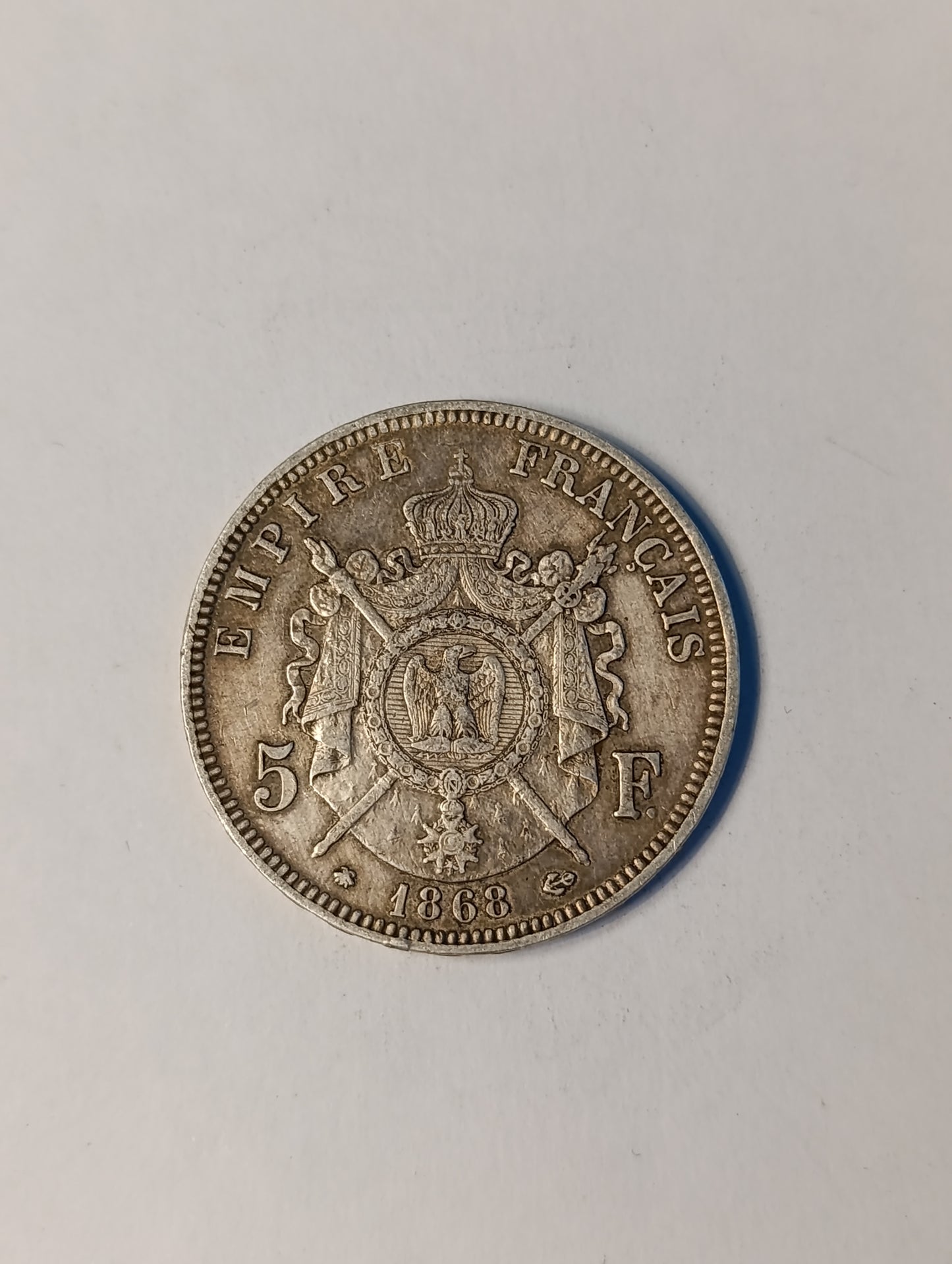 5 francs argent 1868 A – Napoléon III tête laurée – Empire français