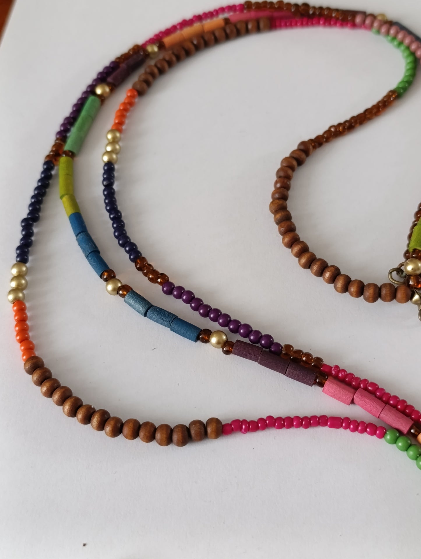 Collier fantaisie multirangs perles bois colorées style bohème 53 cm