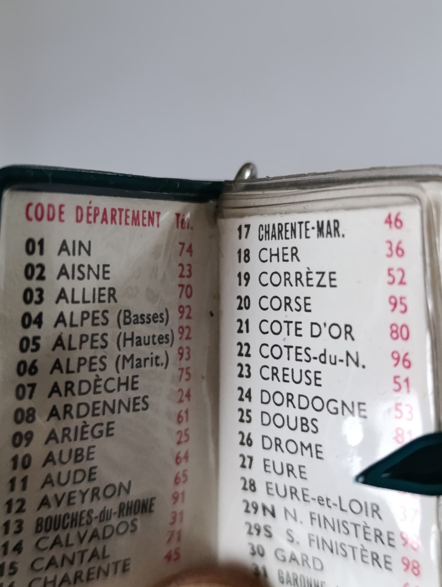 Porte-clés ancien carnet codes départements téléphone France