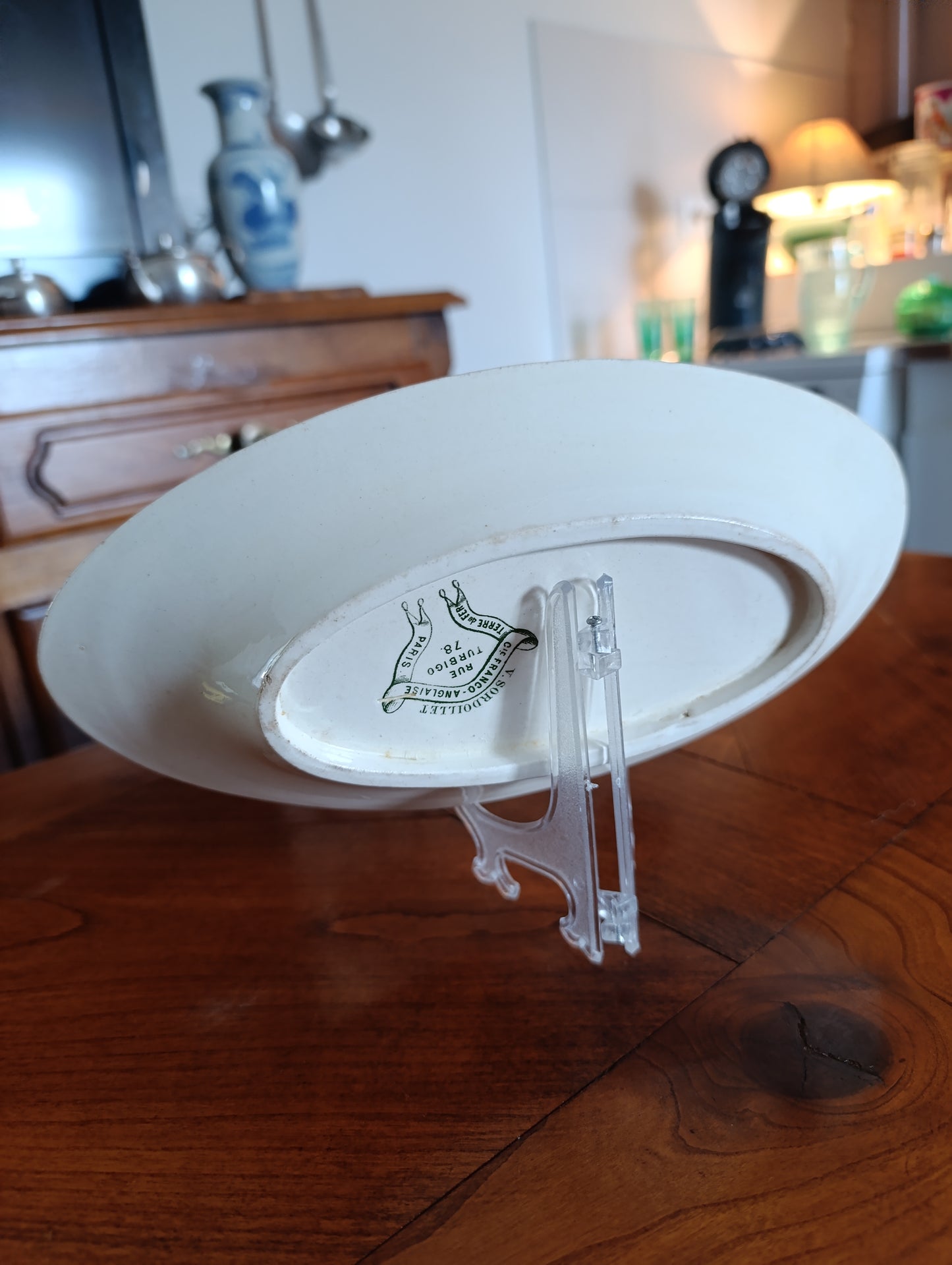 Petit plat ovale ancien Terre de Fer V. Sordoillet Paris décor champêtre brun 25 cm