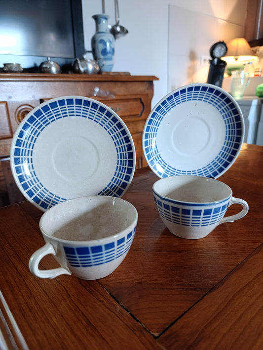 Service à café vintage Badonviller bleu géométrique – 2 tasses et sous-tasses rétro