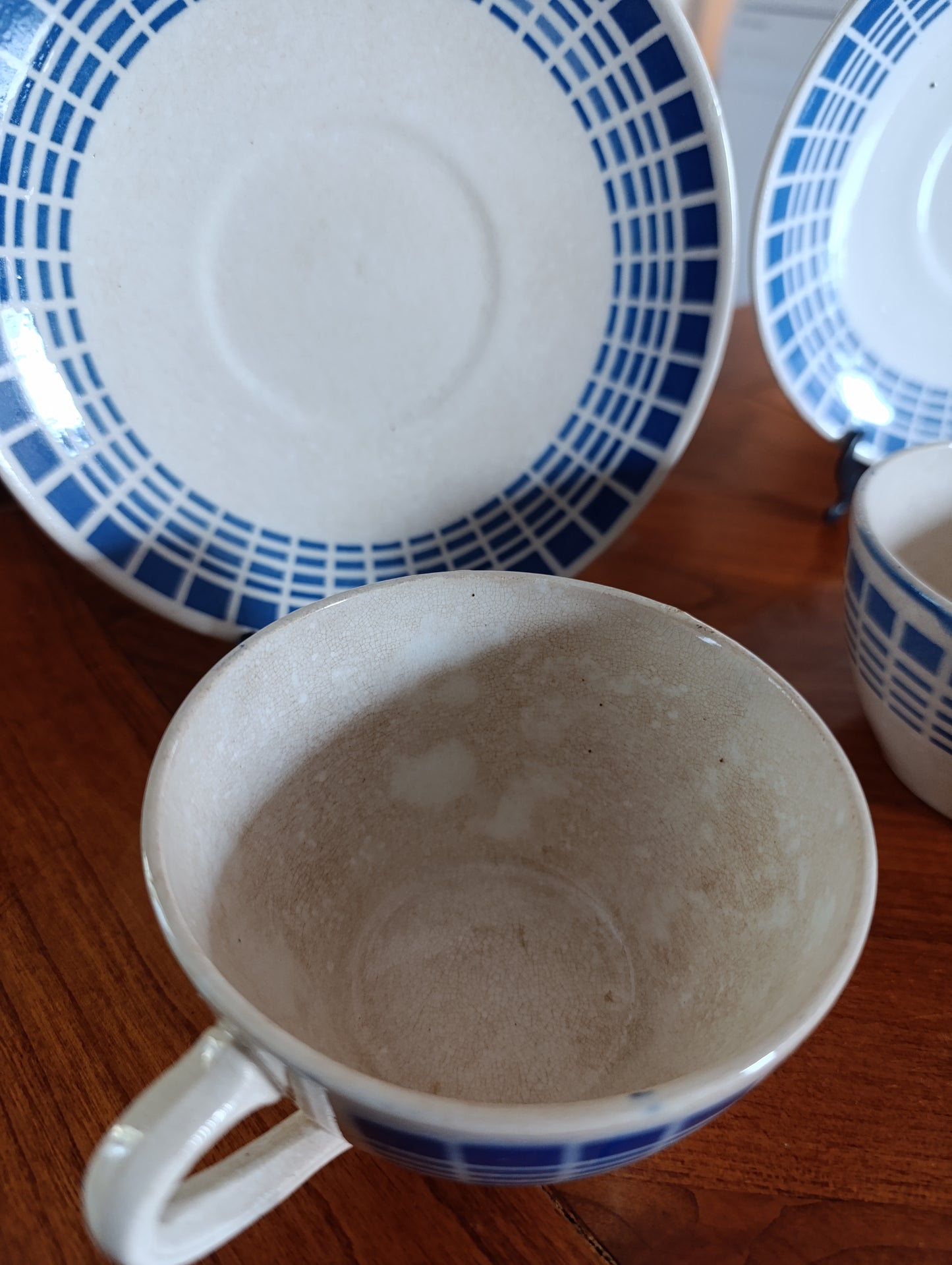 Service à café vintage Badonviller bleu géométrique – 2 tasses et sous-tasses rétro