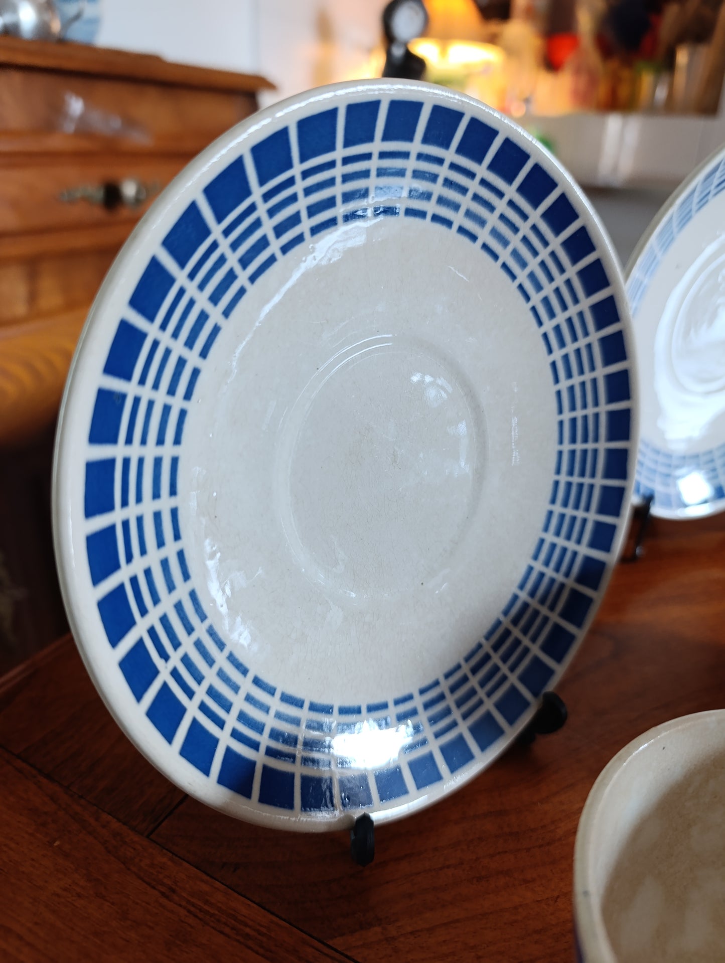 Service à café vintage Badonviller bleu géométrique – 2 tasses et sous-tasses rétro