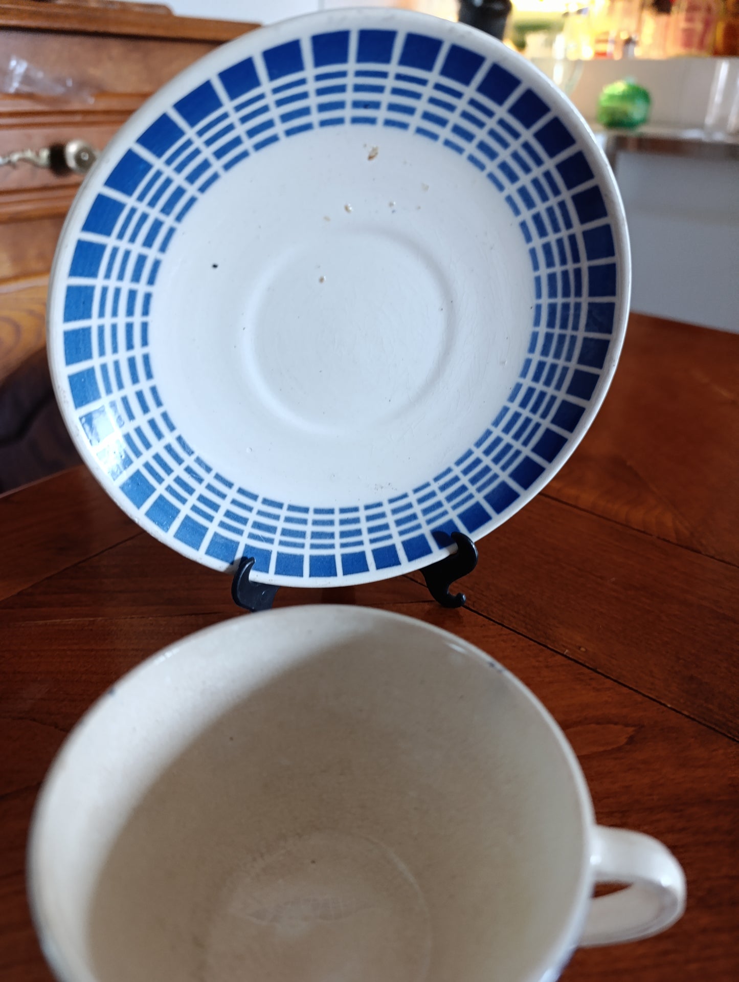 Service à café vintage Badonviller bleu géométrique – 2 tasses et sous-tasses rétro
