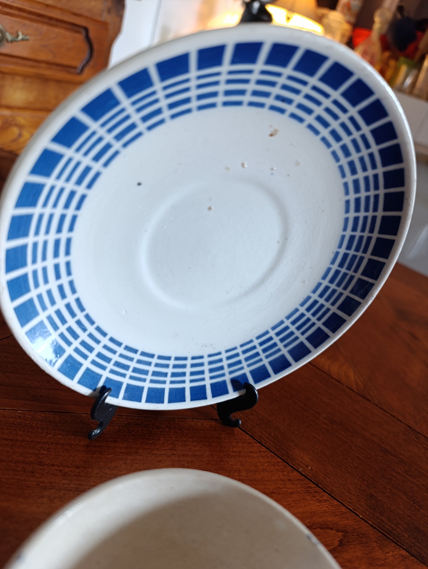 Service à café vintage Badonviller bleu géométrique – 2 tasses et sous-tasses rétro