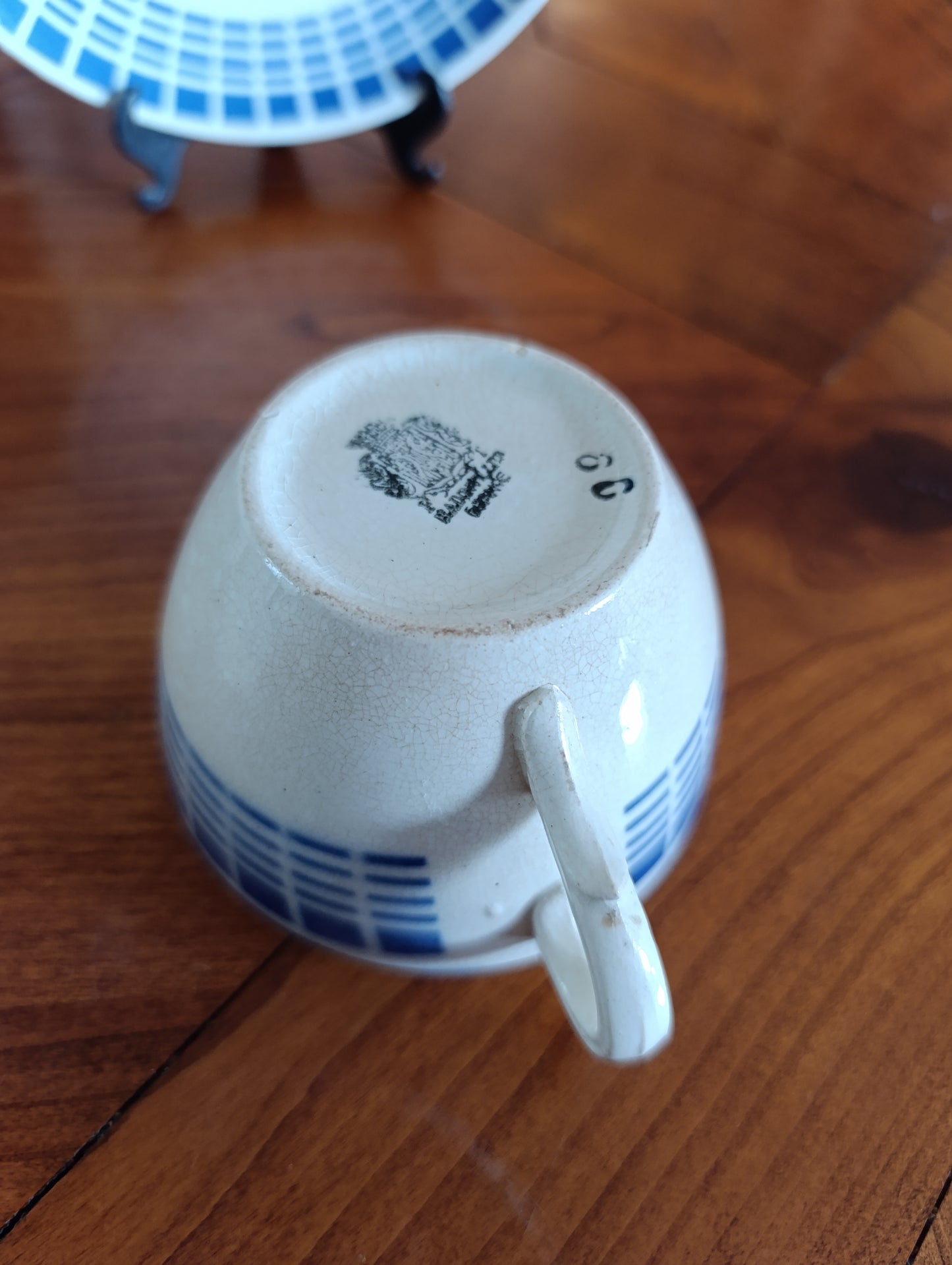 Service à café vintage Badonviller bleu géométrique – 2 tasses et sous-tasses rétro