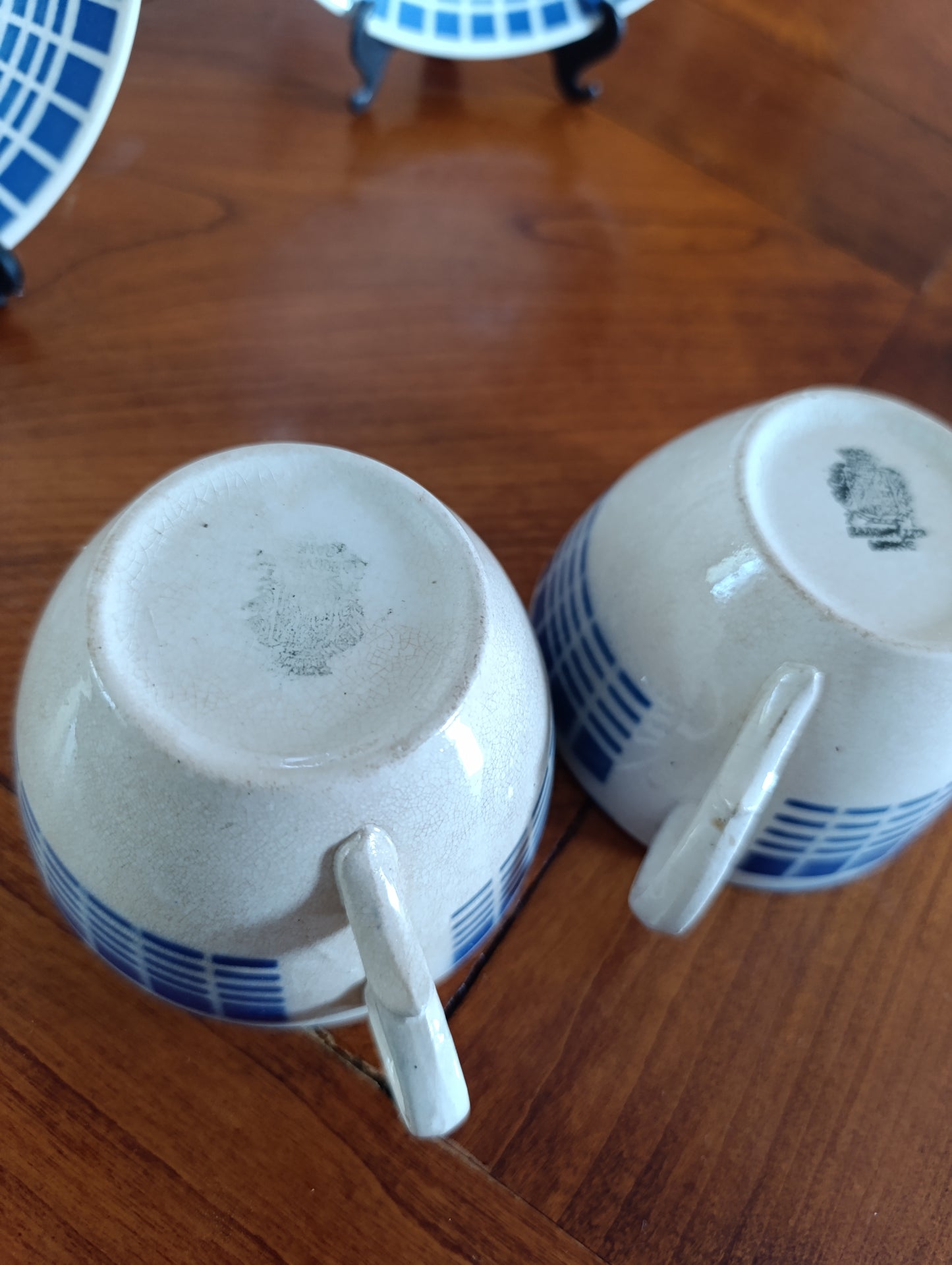 Service à café vintage Badonviller bleu géométrique – 2 tasses et sous-tasses rétro