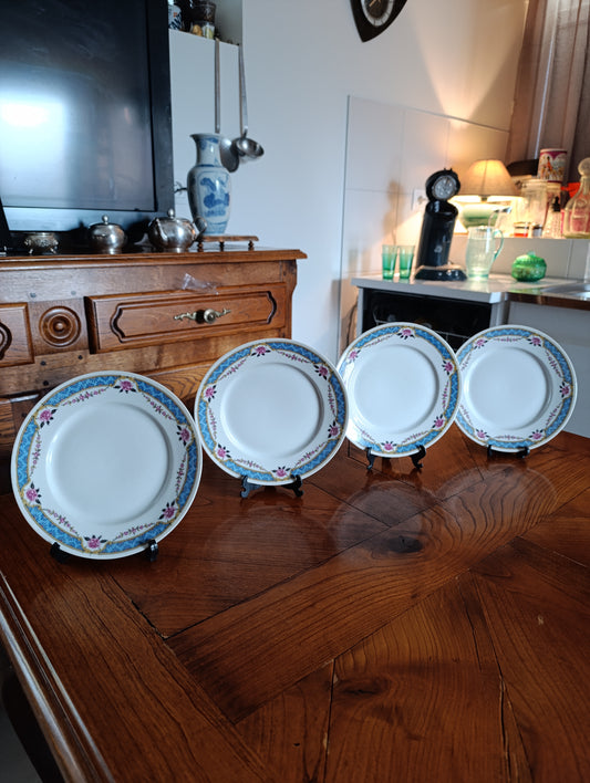 Lot de 4 assiettes à dessert vintage décor floral bleu et roses