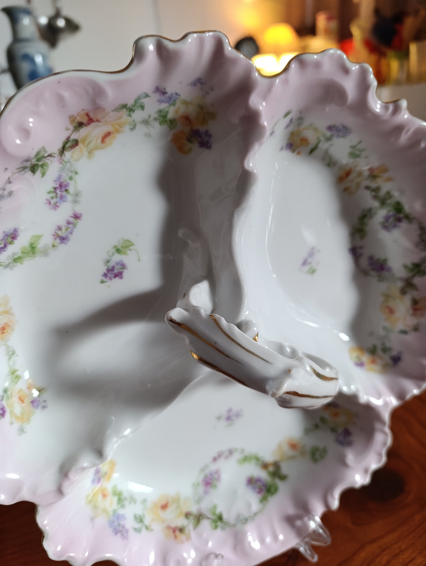 Plat ancien porcelaine compartimenté Art Nouveau décor floral romantique rose pastel