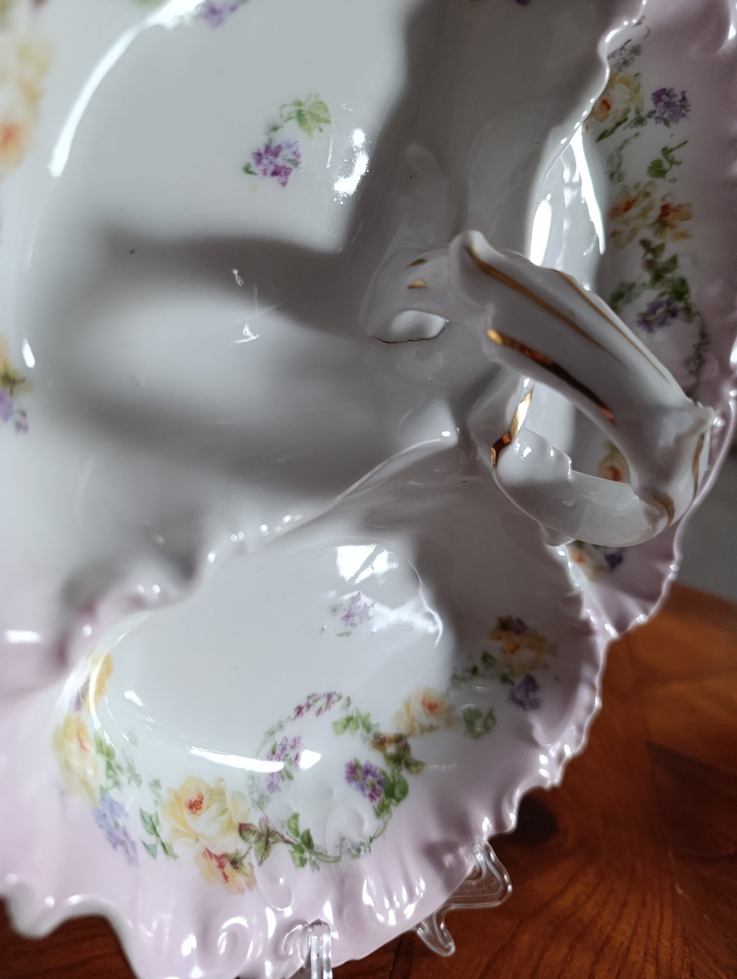 Plat ancien porcelaine compartimenté Art Nouveau décor floral romantique rose pastel