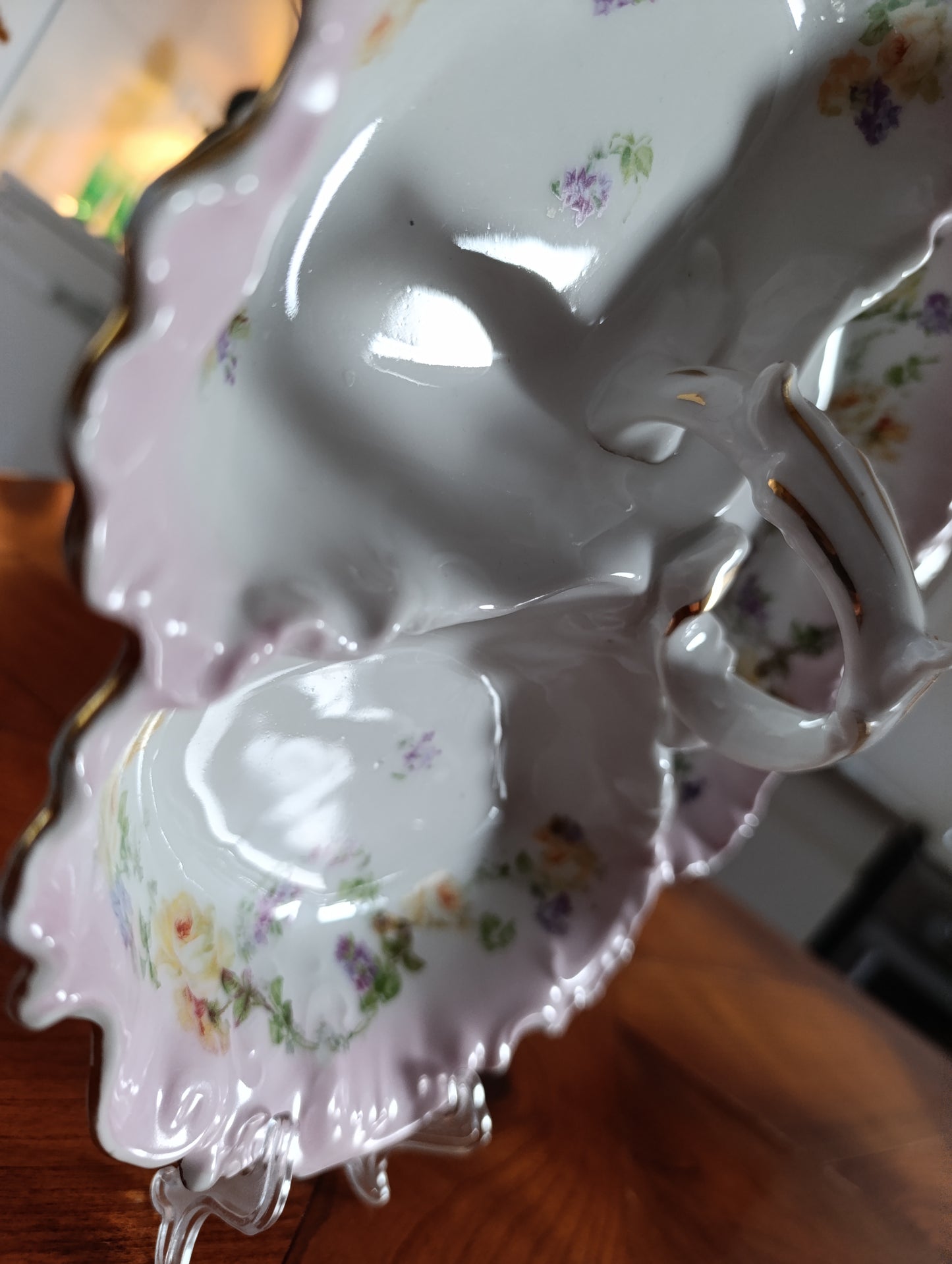 Plat ancien porcelaine compartimenté Art Nouveau décor floral romantique rose pastel