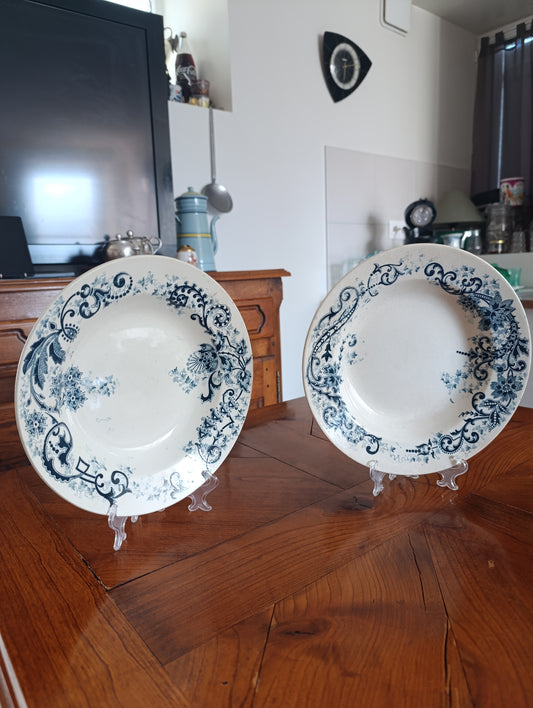 Lot de 2 assiettes creuses anciennes Terre de Fer Cie Franco Anglaise décor bleu