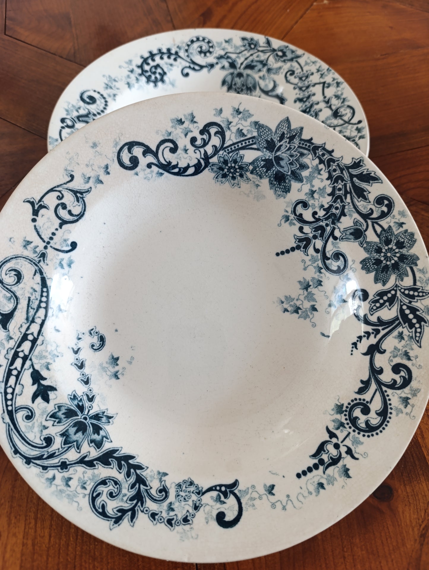 Lot de 2 assiettes creuses anciennes Terre de Fer Cie Franco Anglaise décor bleu