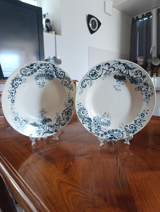 Lot de 2 assiettes creuses anciennes Terre de Fer Cie Franco Anglaise Paris décor floral bleu