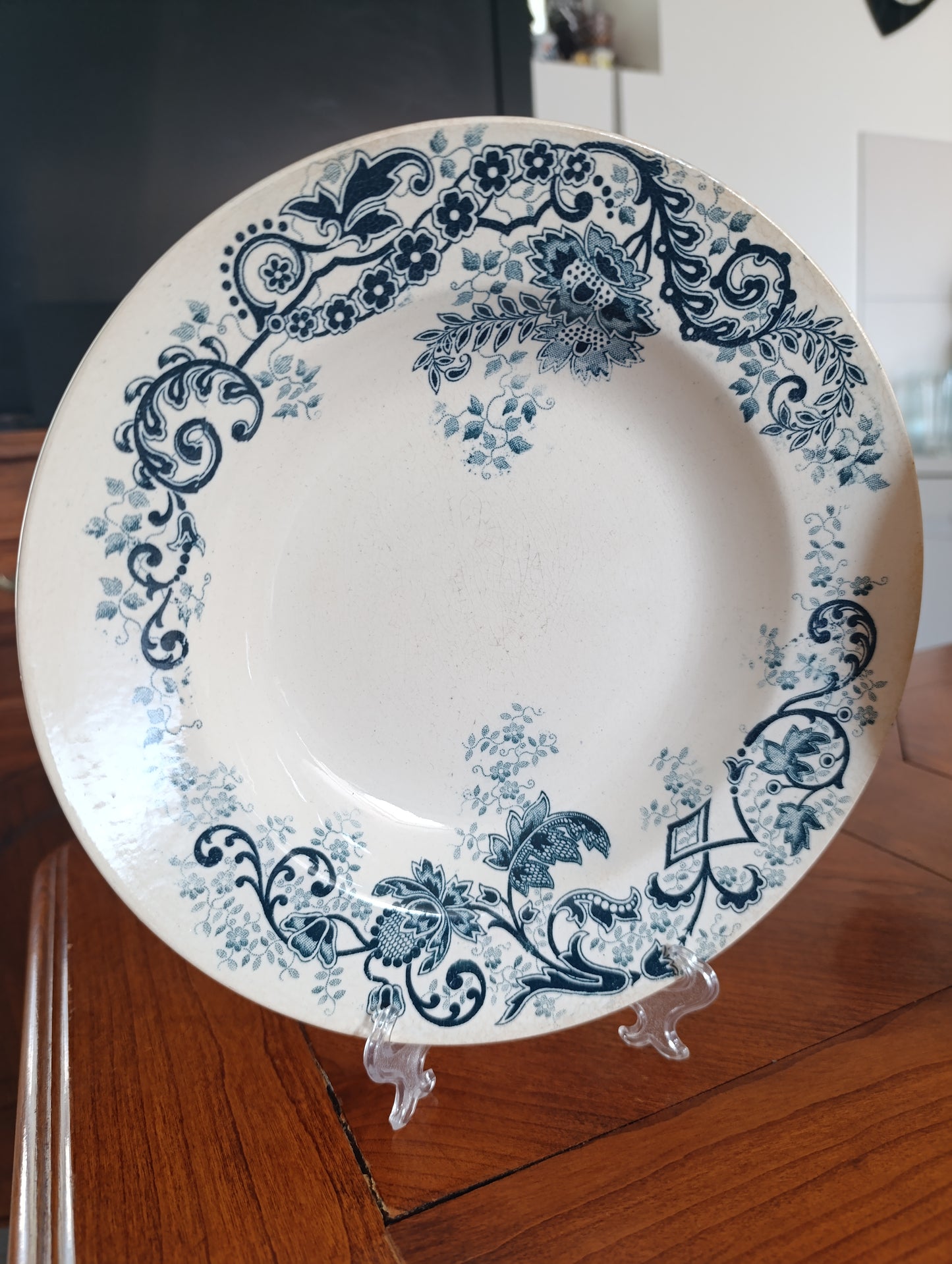 Lot de 2 assiettes creuses anciennes Terre de Fer Cie Franco Anglaise Paris décor floral bleu