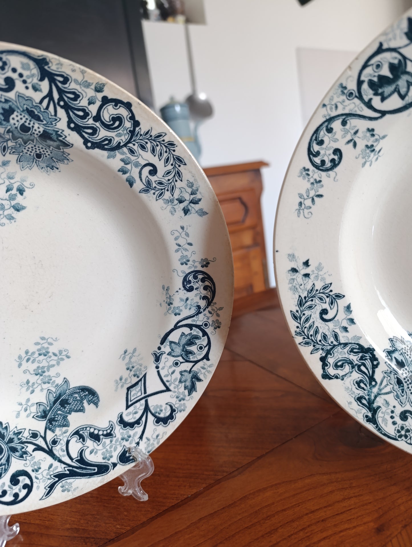 Lot de 2 assiettes creuses anciennes Terre de Fer Cie Franco Anglaise Paris décor floral bleu