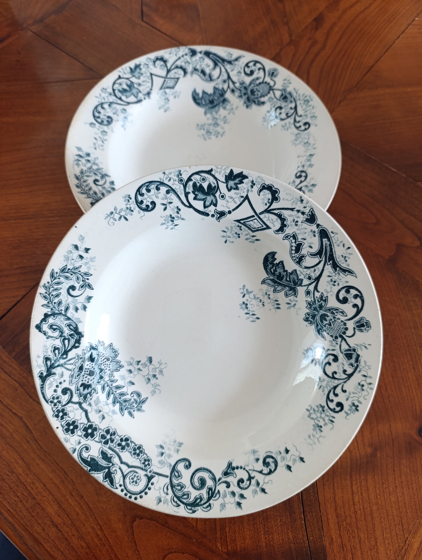 Lot de 2 assiettes creuses anciennes Terre de Fer Cie Franco Anglaise Paris décor floral bleu