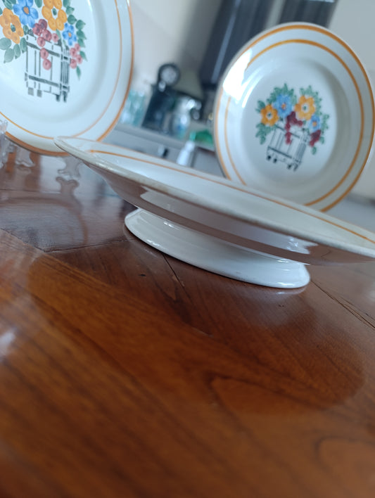 Lot ancien HBCM Fleuri France compotier sur pied + 2 assiettes décor panier fleuri vintage faïence française