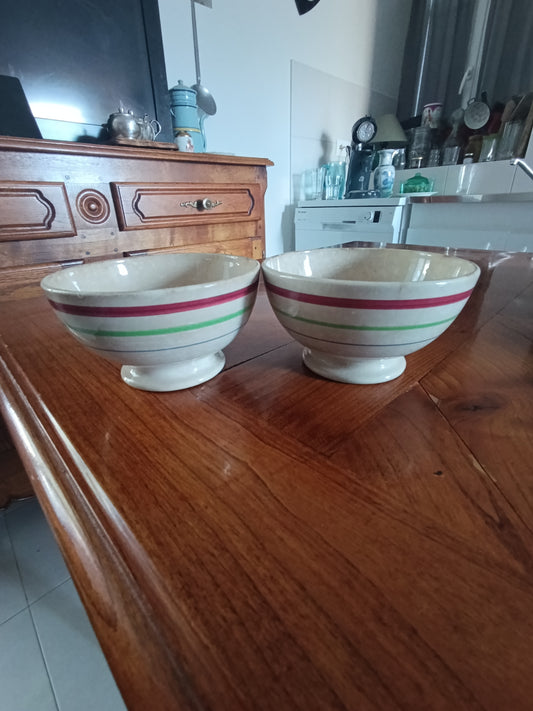 Paire de bols anciens Gien France modèle Gilles – faïence vintage rayures tricolores