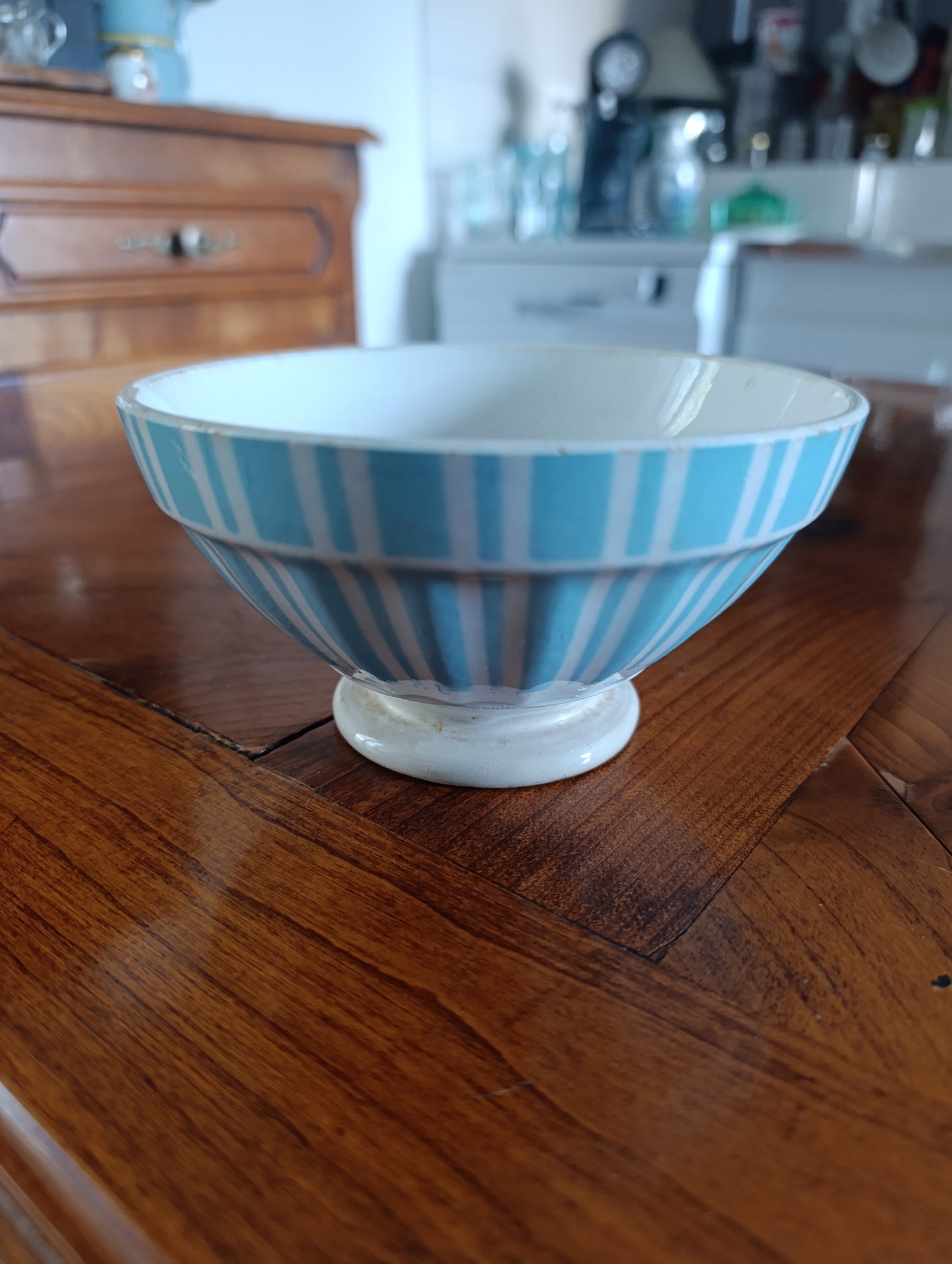 Bol ancien Digoin France bleu rayé – bol sur pied vintage – faïence française