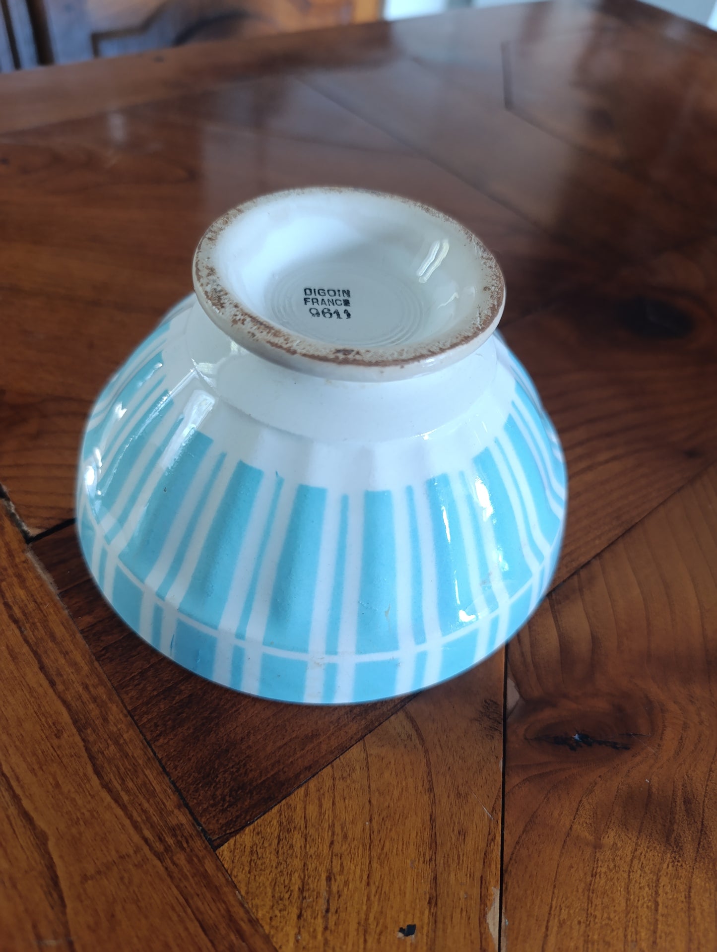 Bol ancien Digoin France bleu rayé – bol sur pied vintage – faïence française
