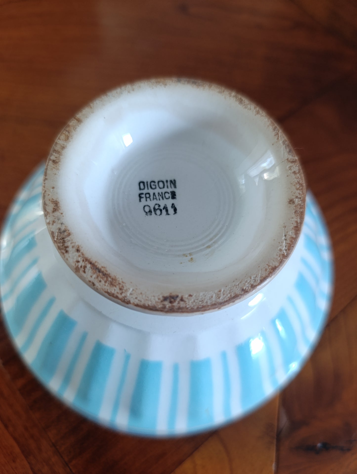 Bol ancien Digoin France bleu rayé – bol sur pied vintage – faïence française