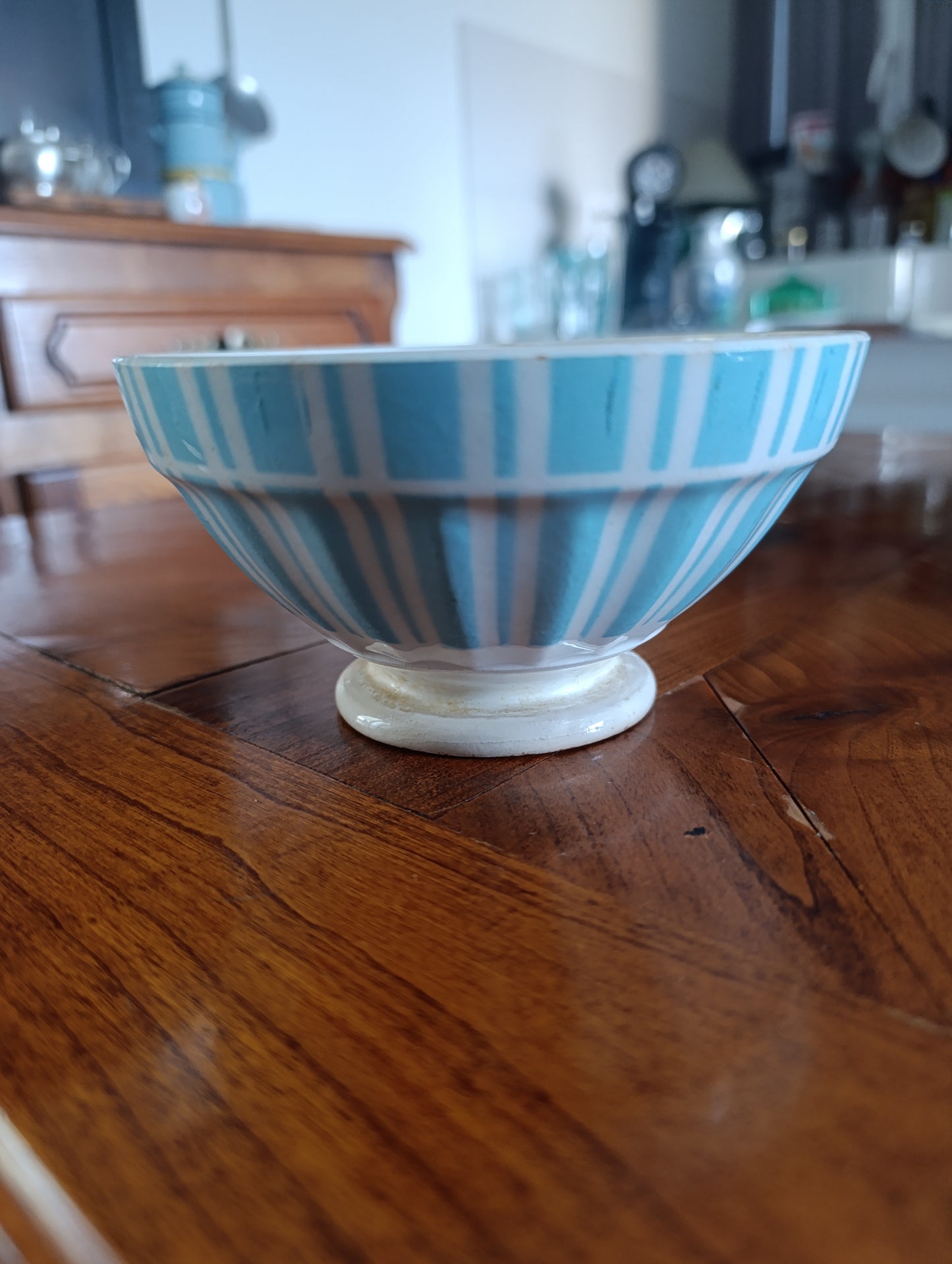 Bol ancien Digoin France bleu rayé – bol sur pied vintage – faïence française