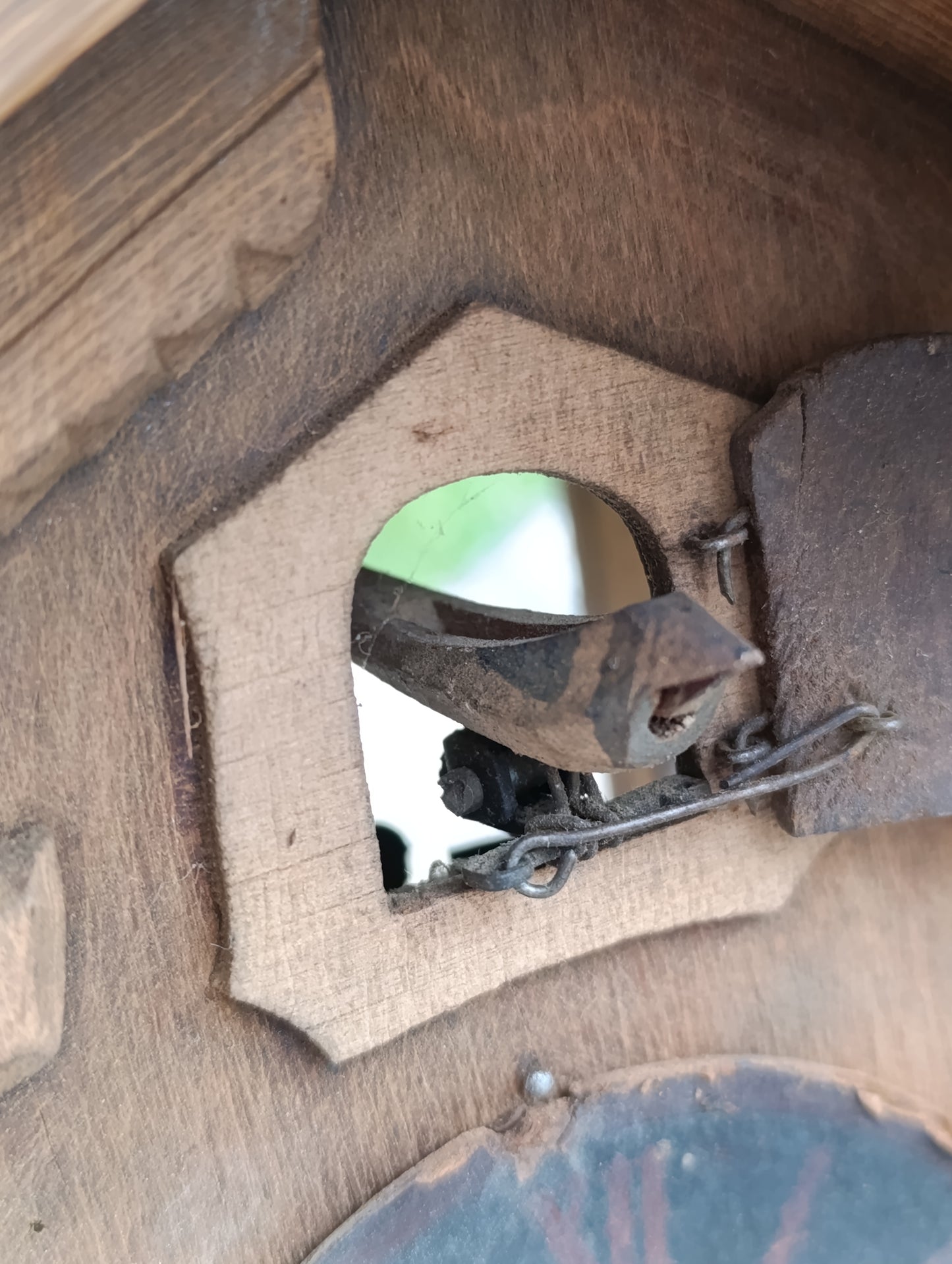Pendule coucou ancienne en bois sculpté avec mécanisme, deux poids et oiseau – À restaurer