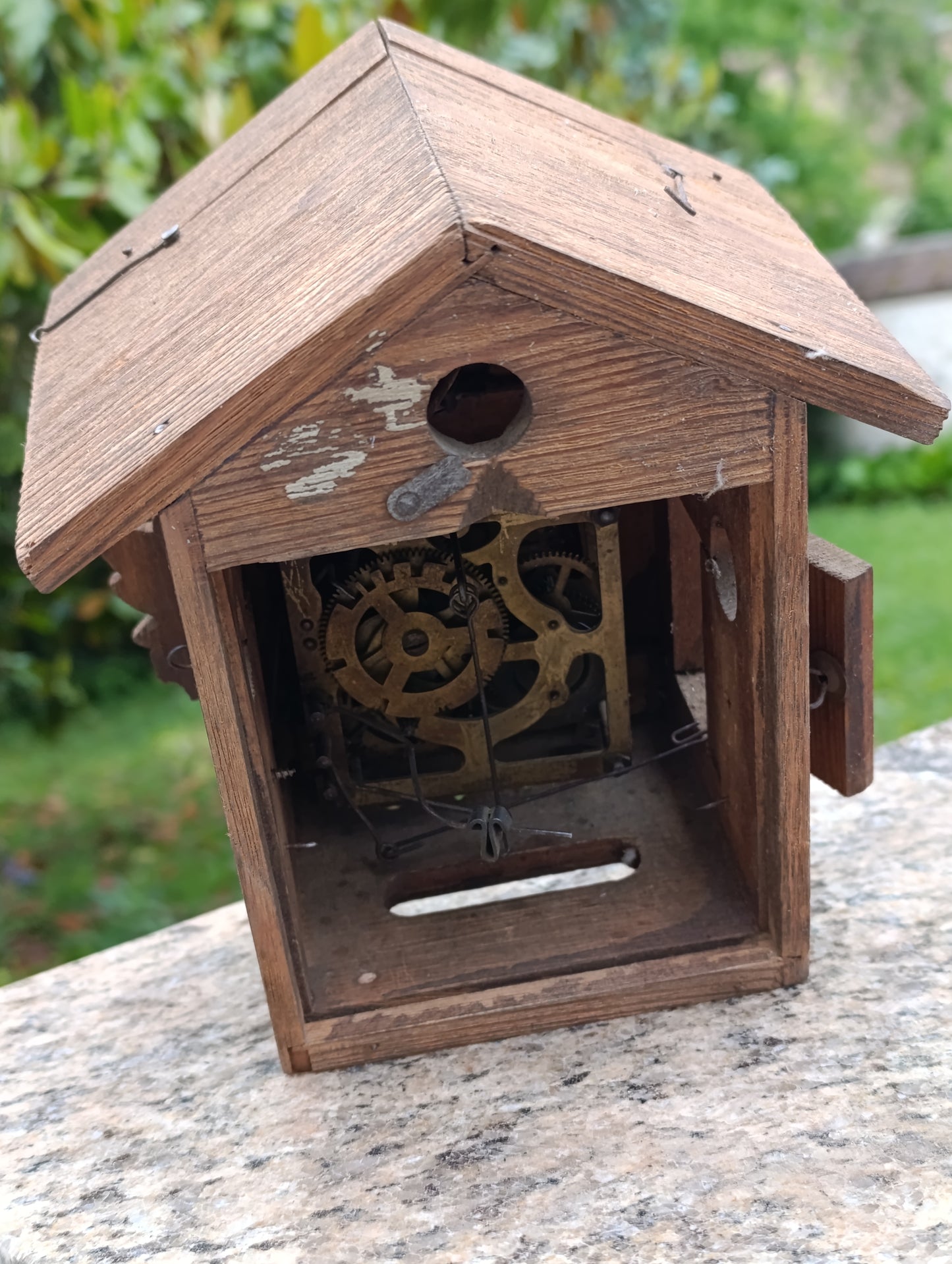Pendule coucou ancienne en bois sculpté avec mécanisme, deux poids et oiseau – À restaurer